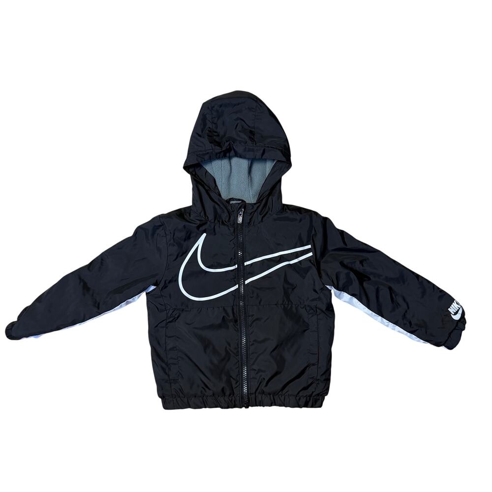 Nike Toddler 2T Hooded Windbreaker Jacket Black White Fleece Lined Full Zip